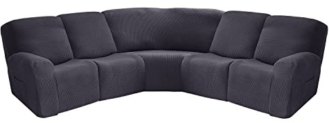 7-teilige L-förmige Sofabezug für 4-Sitzer und 1 Ecksitz, Samt, Stretch-Couchbezug für Liegeposition, L-Form, 5-Sitzer, Ecksofa, dick, weich (dunkelgrau, Jacquard)