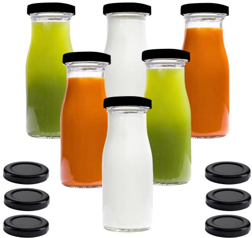 mikken 6 x Glasflasche 156 ml Flasche mit Deckel schwarz + 6 Ersatzdeckel und 6 Etiketten