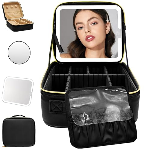WITFAMILY Kosmetiktasche mit Spiegel,Schminkkoffer mit 1/10x Spiegel und 3 Farbe Licht, Schminktasche mit Aufbewahrung von Make-up-Pinseln,Travel Makeup Bag für Frauen,Schwarz