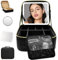 WITFAMILY Kosmetiktasche mit Spiegel，Schminkkoffer mit 1/10x Spiegel und 3 Farbe Licht, Schminktasche mit Aufbewahrung von Make-up-Pinseln，Travel Makeup Bag für Frauen，Schwarz