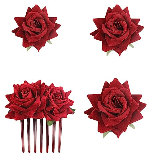 SUNTRADE 4 Stück Frauen Rose Haarnadel, Braut Rose Brosche Haarspange Hochzeit Floral Clips für Frauen Mädchen Party Hochzeit (Rot)