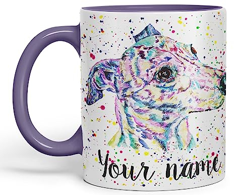 Vixar Personalised with Your Text Greyhound Racing Dog Pet Watercolour Art Coloured Ceramic Mug Cup Gift 330ml 11oz Custom Work Office Tea Coffee (Purple)