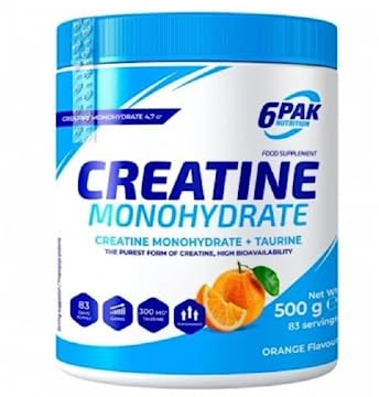 6PAK Nutrition - Creatine Monohydrate - Muskelmasse - Regeneration nach dem Training - Nahrungsergänzungsmittel - 500g Pulver - Geschmack: (Orange)