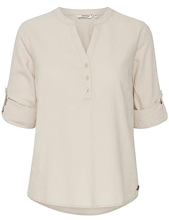 OXMO OXANJA Damen Tunika Bluse Langarm Klassische Leinenbluse mit V-Ausschnitt und Knöpfen Regular Fit und Knöpfbare Ärmel, Größe:40, Farbe:Cement (140708)