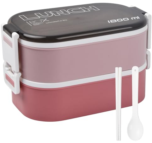 Fiambreras Bento 2 Capas, 1800ml Lonchera Hermetica, Bento Lunch Box con 2 Compartimentos y Cubiertos, Tartera Comida Trabajo, Cajas de Almuerzo, Loncheras de Trabajo para Niños y Adultos (Rosa)