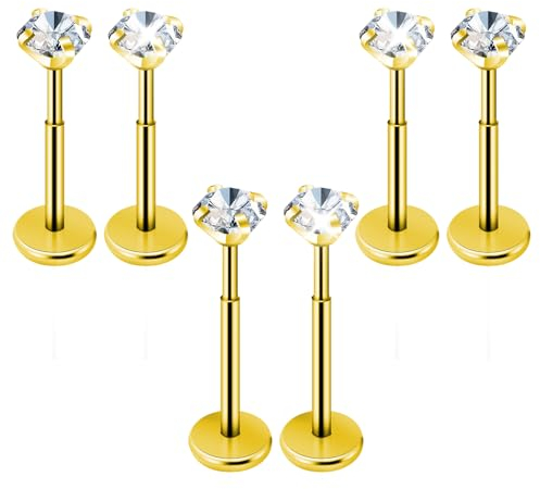 Yolev Tragus Piercing Schmuck 6 Stück 0,8mm Chirurgenstahl Lippenpiercing Gold 6/8mm mit Zirkonia Labret Piercing Damen Aufsteckknorpel Ohrringe Schmuck