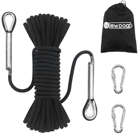 NewDoar 14KN Corde d'escalade Statique 8mm Cordon Accessoire pour Équipement 10m,20m,30m,50m Corde d'évacuation avec 2 Mousquetons pour d'escalade sur Glace Corde de Sauvetage Incendie-Noir/20 m