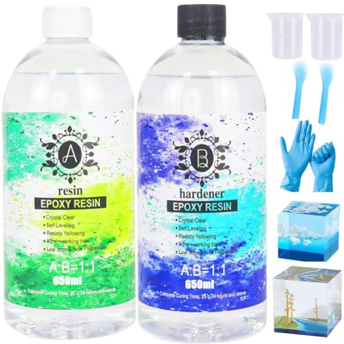 1300ml Resine Epoxy Transparente et Durcisseur, Non Toxique 1: 1 Kit Resine Epoxy Complet Débutant pour Bijoux Moule Table Créations Artistiques
