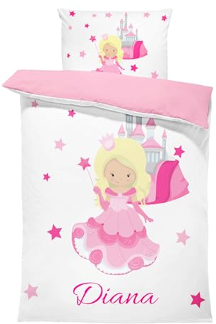 Pictogogo Personalisierte Baby Bettwäsche mit Prinzessin, Wählbare Unterfarbe aus Baumwolle, Kinderbettwäsche, Bettwäsche Mit Namen, Babybett Komplett Set Mit Reißverschluss
