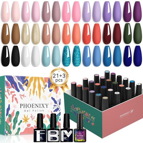 Phoenixy Gel Nail Polish Set - 24 Pink Blue Colours Soak Off U V Gel Nail Polish with Glossy Matte Top Base Coat Nail Polish Gifts Kit for Women Salon Design at Home
