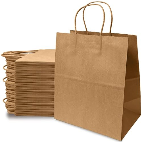Lot de 50 Sac Papier Kraft avec Poignée Sacs Kraft Cadeau Grand Format Pour Anniversaire Mariage Thanksgiving Noël, Shopping, Emballage, Sacs à Emporter 27x14x21cm