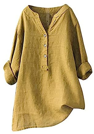 Blouse Femme Surchemise Chemise Noire Coton Rose Lin Tee Shirt Manches Longues Col V Chic et Élégant Jaune 3XL