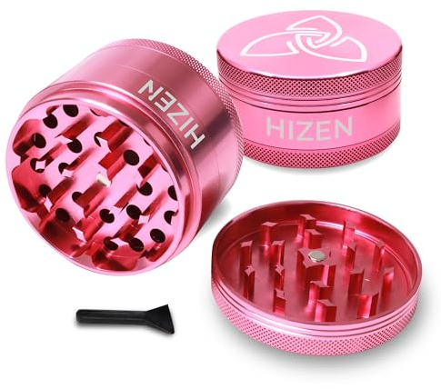 HIZEN Alu Grinder XXL Ø 63mm, 4-teilige Kräutermühle, Crusher Set für getrocknete Kräuter, Pollen, Blüten, Gewürze mit Pollenfach und Schaber (Rosa)