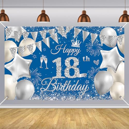 Cartel de 180 x 110 cm con texto en inglés Happy 18th Birthday para niños, decoración de 18 cumpleaños, telón de fondo de tela, cartel de cumpleaños número 18, póster de fotos de cumpleaños para