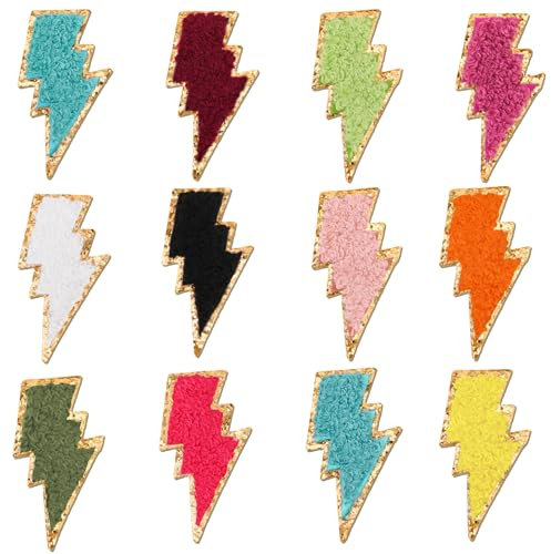 Molain 12 PCS Lightning Chenille Patches, Golden Edges Lightning Iron On Patch, Bolt Patch Chenille Embroidery Patches Multicolor Sew On Patch for DIY Hats Bags Jackets Jeans Clothing Shirts