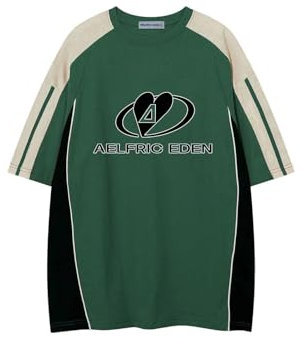 Aelfric Eden Herren Tshirt Oversized Damen Sommer Shirt Unisex Vintage Fußball Trikot Rundhals Kurzarm Raglan Jersey Basic T-Shirts mit Stripes Casual Oberteile Streetwear Grün, S