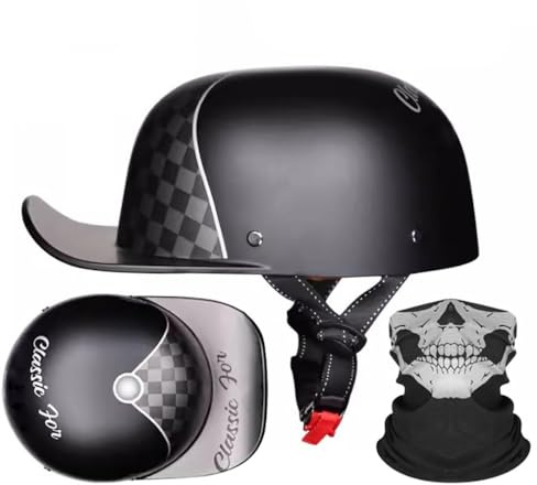 Motorrad Halbhelm Halbschalenhelm Baseballmütze-Helm ECE-Zulassung Motorradhelm Baseball Cap Mit Gesichtsschutz Schnelllösetaste Retro VerläNgerte Krempe S-XL 55-62CM