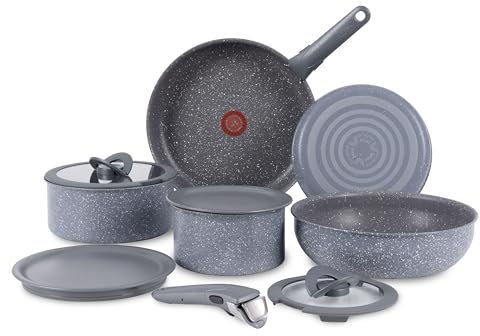 T-fal Ingenio Essentials Cookware Set with Detachable/Removable Handle 11 Piece, Granite Titanium Non Stick, Oven Broiler Safe 500F, Stackable, Pots and Pans Set, Frying Pans, Dishwasher Safe, Gray