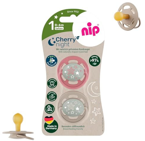 NIP Cherry Rundsauger Schnuller NIGHT 0-6 Monate, Leuchtschnuller, ab Geburt 0+ Monate, leuchtet im Dunkeln, 2er Pack STILLFREUNDLICH & NACHHALTIG