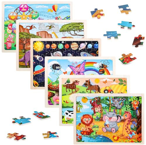 SIWOKJJO Puzzle ab 4 5 6 7 8 Jahre, 6x60 PCS Kinder Holzpuzzle, Holzpuzzles Montessori für Jungen Mädchen, Verschiedene Themen Kinderpuzzle Geschenke für Kinder