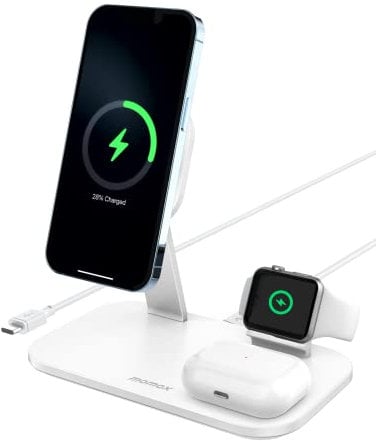MOMAX Magnetic Wireless Charging Station,25W 3 in 1 Wireless Charger Stand Compatible with MagSafe, iPhone 16/15/14/13/12 Series, AirPods Pro, Apple Watch 1-6 Series (No AC Adapter)