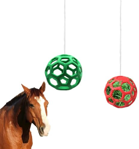 WoYous 2 Stuck Pferde Leckerli Ball Für Pferde Set, Hängende Heu Das Füttern Verlangsamen, Pferde Futterball Spielzeug Für Pferde, Ziegen, Schafe (Rot und Grün)