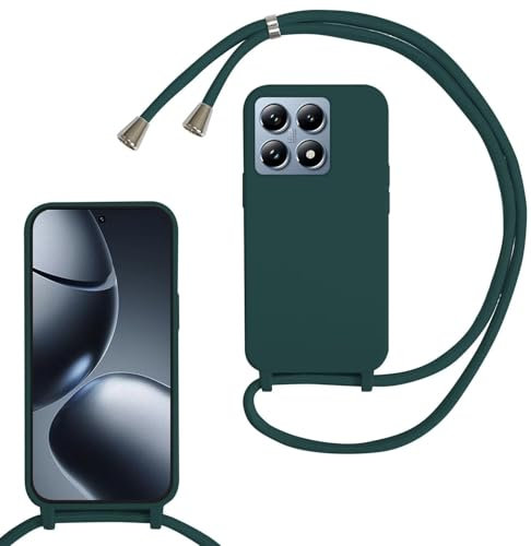 xinyunew Funda Silicona con Cuerda para Xiaomi 14T Pro, Carcasa Suave Silicona Case con Correa Colgante Ajustable Collar Correa de Cuello Cadena Cordón para Xiaomi 14T Pro (Verde)