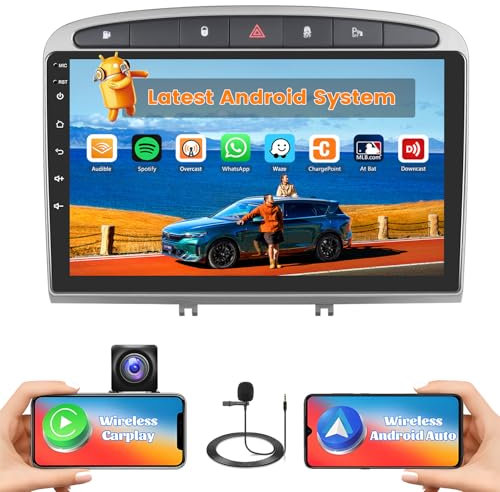 Hikity 2G+64G Android 15 Radio Coche para Peugeot 308/408 2007-2015 con Pantalla Táctil de 9 Pulgadas, Radio 2 DIN con Carplay inalámbrico Android Auto Radio FM/RDS BT GPS WiFi + Cámara Trasera+Mic