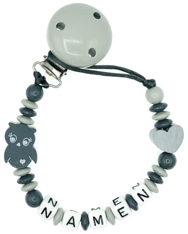 Nuckelkette mit Namen  EULE HERZ  Hellgrau Grau/Baby/Unisex/Personalisiert/HANDMADE