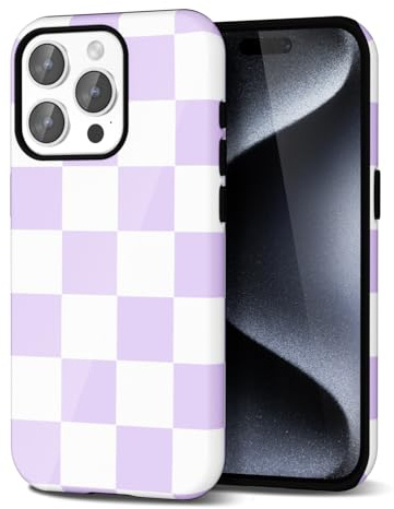 Svanove Checkered Phone Case for iPhone 15 Pro Case Plaid Lattice, Girly Cute Case for Women, Aesthetic Checker Print Design, Slim Thin Hard Shell Plastic Glossy Cover, Purple White