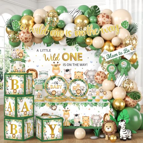 Safari Baby Shower Decorations,262pcs Wild Birthday Decorations Jungle Baby Shower Decorations Plates and Napkin Cups Backdrop Banner Tablecloth Balloons Garland Boxes,Serves 20