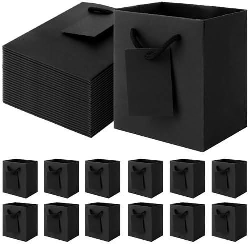 MIVIDE Geschenktüte Papier Schwarz mit Karte 10 x 7 x 11.5 cm, 60 Stück | Geschenktüten mit Henkel, Dreisträngiges Seil Klein Papiertüten mit Henkel mit Karte für Weihnachten, Hochzeiten, Party