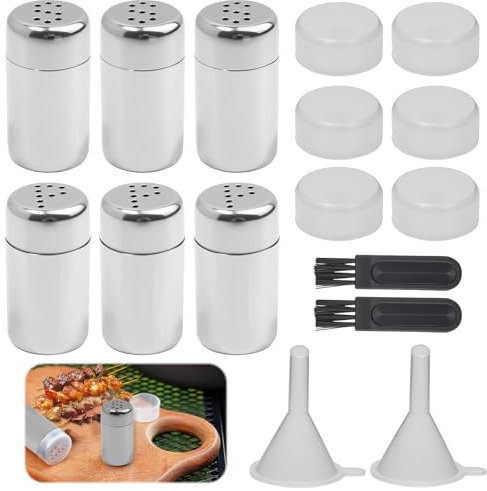 FunWorth 6Pcs Mini Salzstreuer, 5ml Kleine Gewürzstreuer mit Deckel Bürste und Trichter, Gewürzstreuer aus Edelstahl für Unterwegs, Camping & Grillen, Leicht, Spülmaschinenfest (To-Go, Eier, Picknick)