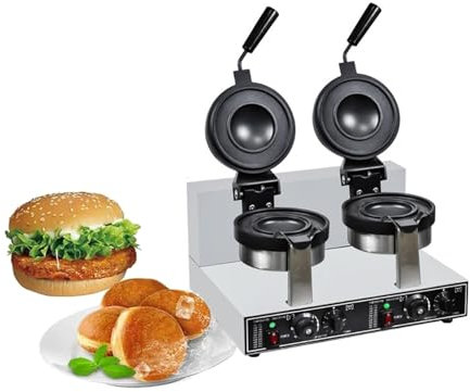 Commercial-Grade Waffle Maker | 300W Non-Stick Electric Grill for Burgers,Crumpets & Panini | Adjustable 50-300°C Temperature Control | Dual-Purpose Home & Cafe Use(Double, Silver)