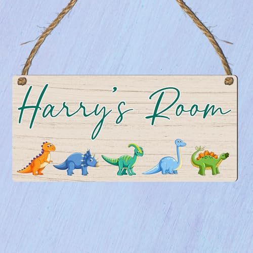 Custom Kids Room Name Plaque | Personalised Boys Bedroom Sign | Wooden Hanging Door Sign | Car Theme or Gaming Controller Gamer Design (Multi Dinosaurs)