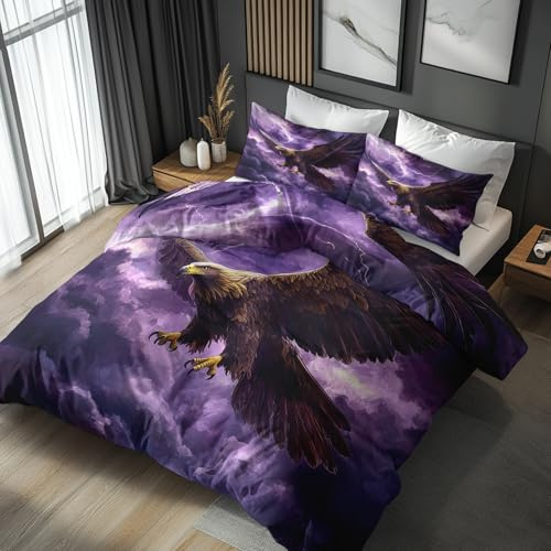 zcwl Adler Bettwäsche 135x200 2tlg, Lila Blitz Wendebettwäsche und 1 Kissenbezüge 80x80, Weiche Mikrofaser Bettbezug mit Reißverschluss, Schlafzimmer Deko, Geschenke
