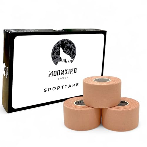 MoonKing Sports® - Sporttape (3,8cm x 10m) - Beige - 3 Rollen - Starres Profi Sport Tape mit extra starker Haftung, unelastisch, reißbar, hautfreundlich - Tapeverband für Stabilisierung & Fixierung