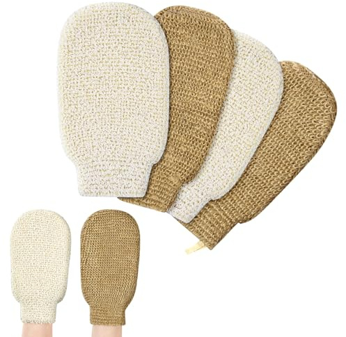 LOPHE Sisal Duschhandschuh, 4 Stück Set Peelinghandschuhe Körper Sisal Exfoliating Gloves, Dusche Schrubben Handschuhe Waschbarer für Männer Frauen Kinder, Spa, Massage, Farbmischung