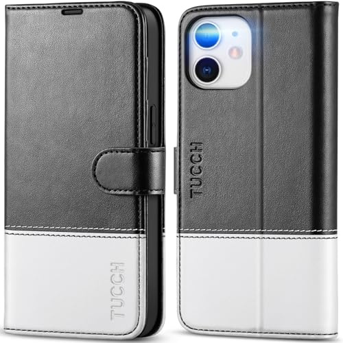 TUCCH Wallet Case for iPhone 12 Pro/iPhone 12 (6.1), Black & White | 3 Card Holders, RFID Blocking, Viewing Stand, Shockproof TPU Shell, Premium PU Leather, Magnetic Closure, Folio Flip Cover
