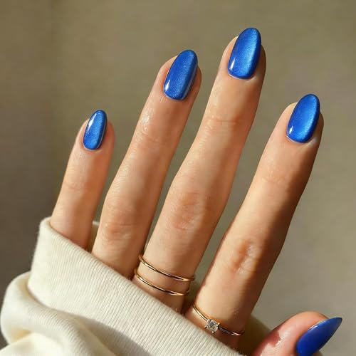 SXVME Cat Eye Press On Nails Short - Light Soft Blue False Nails Oval, 30 Pcs 15 Sizes Sparkly Glitter Fake Nails Press ons, Upgrade Thick Quality, Reusable Short Almond Glue on Nail for Women