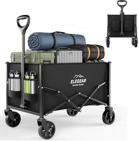 Elegear Bollerwagen Faltbar 120L 100 kg Belastbar, 2 Getränkehaltern, Schwarz, Handwagen Klappbar mit All-Terrain-PVC Rädern, Strandwagen für Garten, Camping, Einkaufen Sport, Schwarz