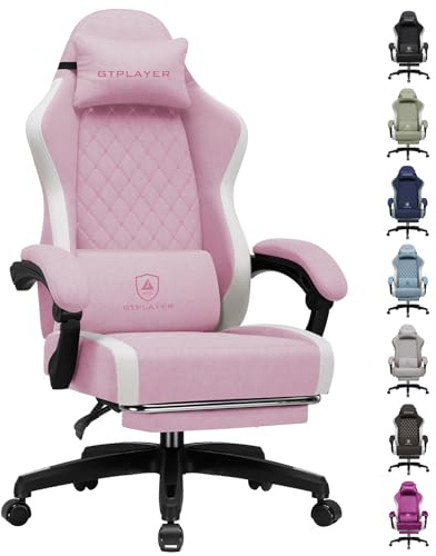 GTPLAYER Gaming Stuhl Ergonomischer, PC Stuhl Atmungsaktiver Stoff, Groß und Hoch Drehbarer Schreibtischstuhl mit Fußstütze,Verstellbare Lendenwirbelstütze und Kopfstütze,Rosa