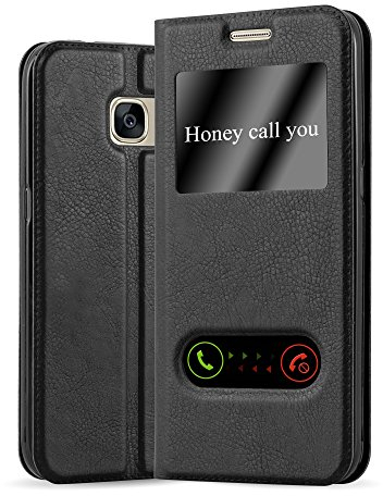 Cadorabo Hülle kompatibel mit Samsung Galaxy S7 in KOMETEN SCHWARZ - Schutzhülle mit Magnetverschluss, Standfunktion und 2 Sichtfenstern