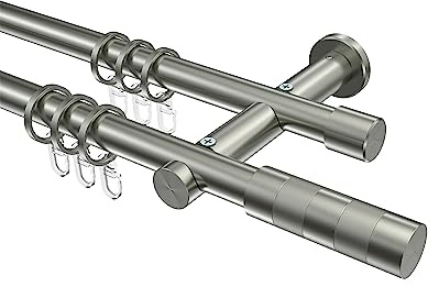 INTERDECO Gardinenstange 20 mm 2-läufig, moderne Vorhangstange aus Metall, Edelstahl-Optik, zur Wandmontage, Typ 10203512, 600 cm