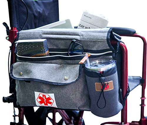 Wheelchair Side Pouch Bag(Double-Side) with Cup and Phone Holder for Manual, Electric or Power Mobility Scooter Full ARMREST by P&F for Lightweight Transport - Deluxe Wheelchair Accessories (Gray)