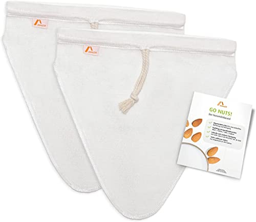 AMAZY Borsa per Latte di Noci (2 Sacchetti) - Sacchetto filtrante Latte vegetale, Latte di Noci, Mandorla, Frutta secca, e Cereali con 8 Etichette di Gesso e Manuale illustrativo (20 x 30cm)