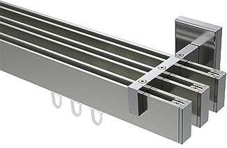 Interdeco Innenlauf Gardinenstangen/Innenlaufstangen eckig Edelstahl Optik/Chrom 3-läufig Typ 10212823, 320 cm