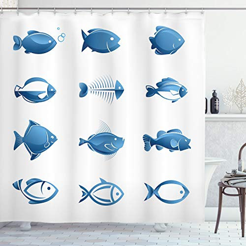 ABAKUHAUS Poisson Rideau de Douche, Tableau de Poissons Marine Life, Tissu Ensemble de Décor de Salle de Bain avec Crochets, 175 x 200 cm, Bleu Blanc
