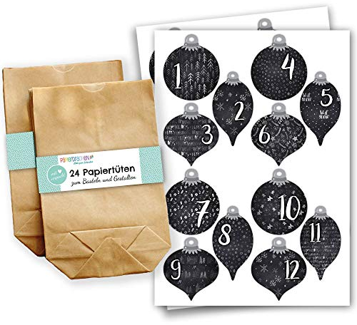 Papierdrachen Adventskalender Set - 24 braune Papiertüten und 24 Weihnachtskugel Sticker - zum Selbermachen und Befüllen - Mini Set 60 - Weihnachten 2022