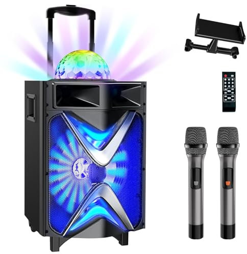 VeGue Karaoke Machine with 2 Wireless Microphones, 10 Big Subwoofer Portable PA System Bluetooth Speaker with Disco Ball, Tablet Holder, Ideal for Home Karaoke, Party, Outdoor Events (1088US)